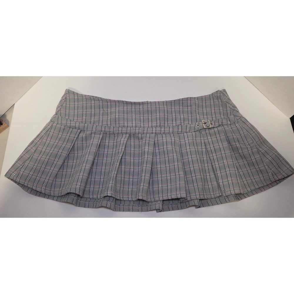 Y2K Grey Pink Plaid Pleated Micro Mini Skirt Low Rise Side Buckle Schoolgirl